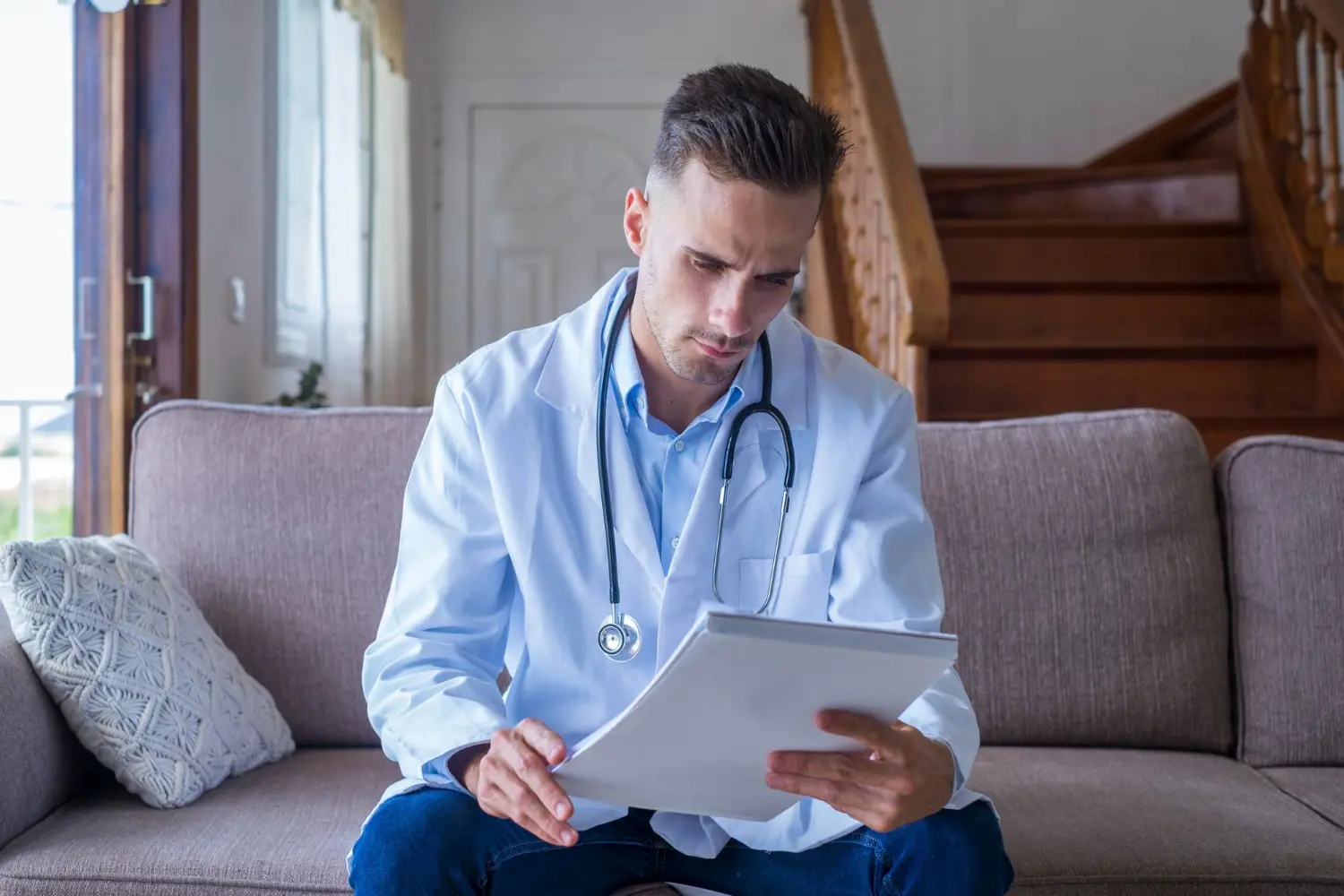 Você deveria se preocupar com o compliance médico: Foto de um médico sentando em um sofá lendo documentos