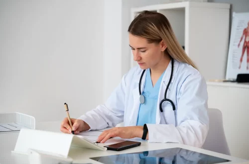 Como pagar menos impostos sendo médico: Foto de uma médica realizando planejamento tributário em seu escritório