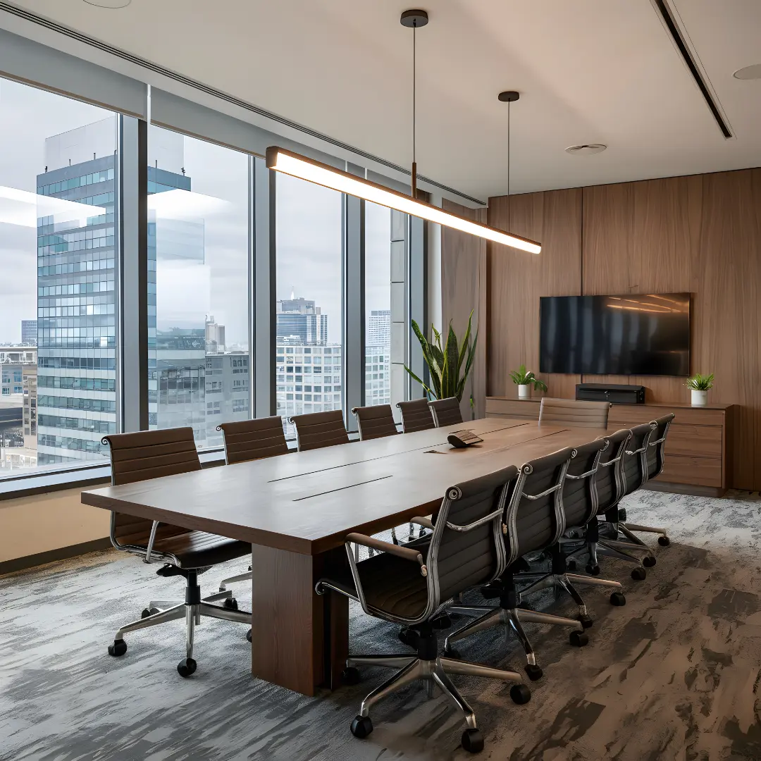 Sala de reuniões moderna em escritório de advocacia em São Paulo, com mesa de madeira, cadeiras executivas e vista panorâmica da cidade.